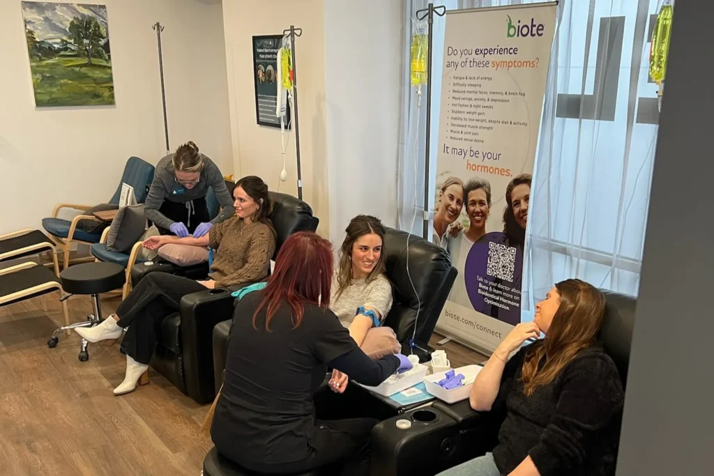 Patients receiving IV vitamin therapy at Vessel Longevity wellness clinic during personalized infusion treatments to support hydration, energy, and overall health.